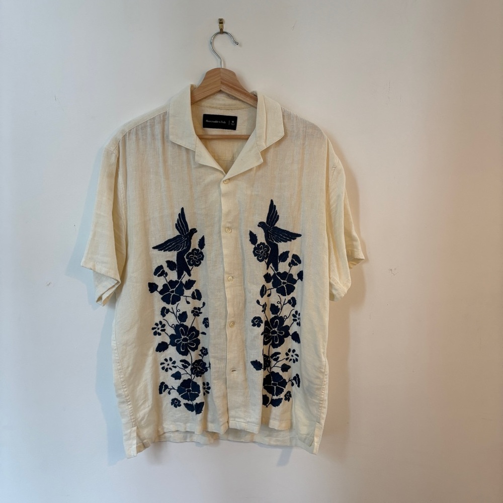Abercrombie & Fitch Linen Cream Shirt with Blue Bird Embroidery